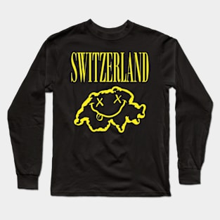 Vibrant Switzerland: Unleash Your 90s Grunge Spirit! Smiling Squiggly Mouth Dazed Smiley Face Long Sleeve T-Shirt